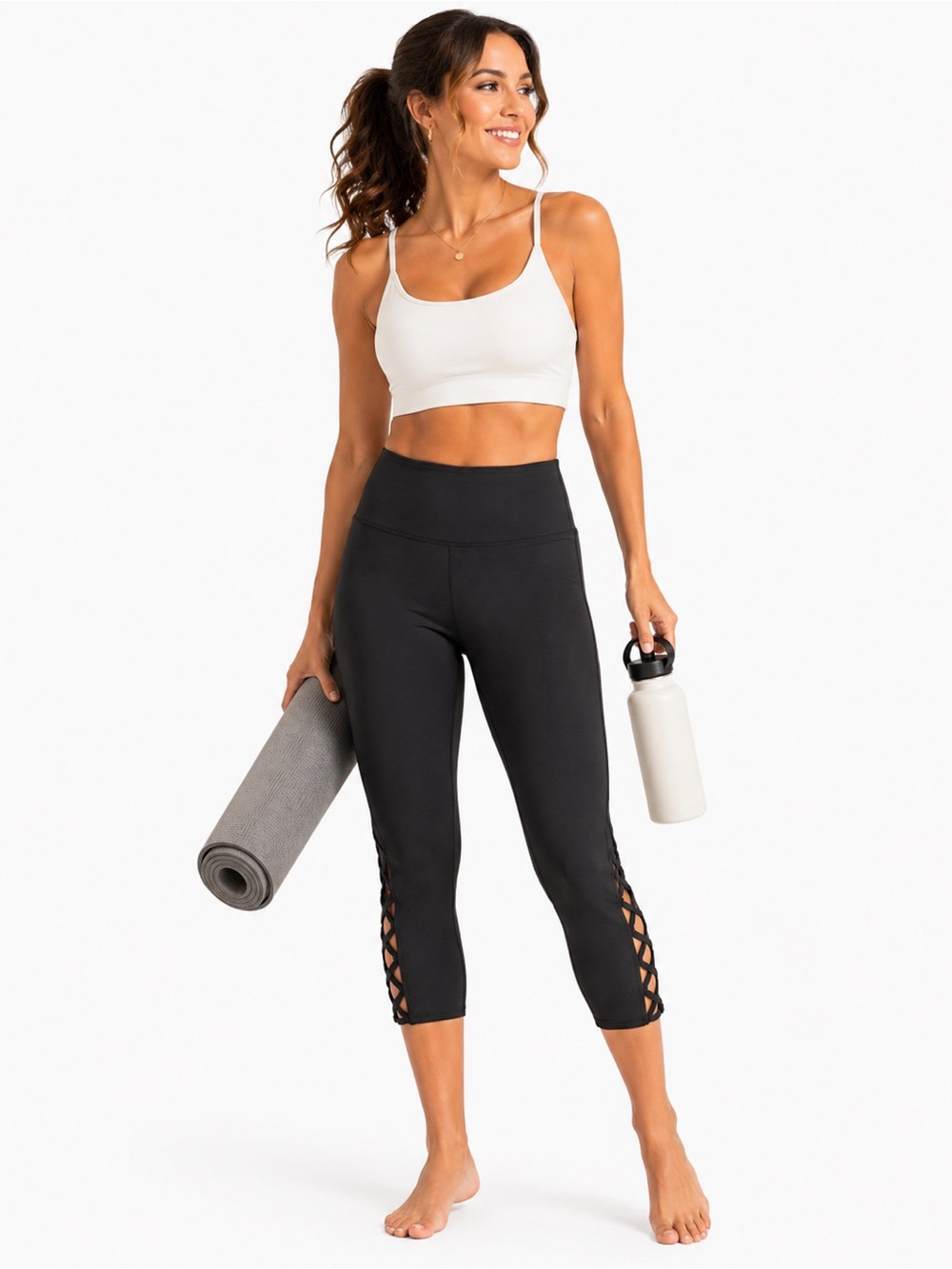 Fabletics Black Lattice Cropped Leggings S High Waist Criss Cross Workout Capri